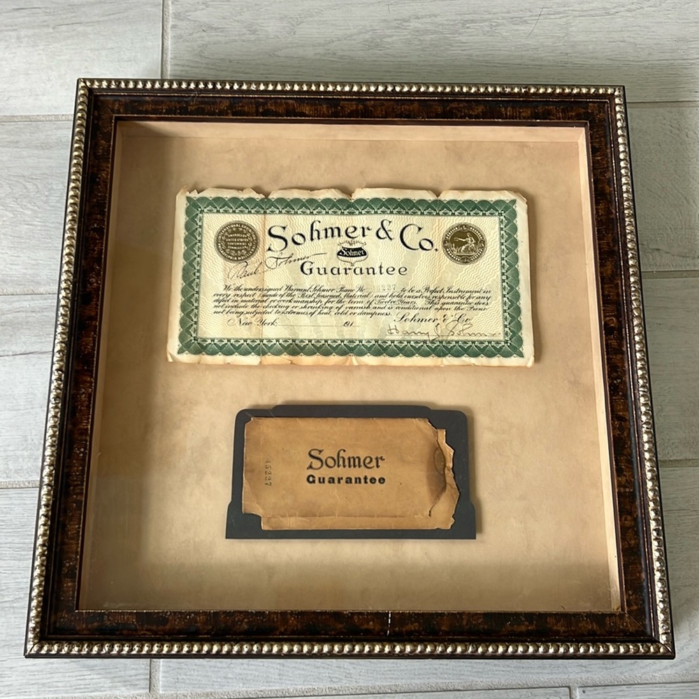 Sohmer & Co framed original certificate